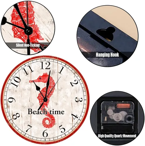 Miniatura 3 de Reloj de pared decorativo de madera con caballito de mar rojo, reloj de pared de madera de caballito de mar de playa, reloj de pared de cuarzo