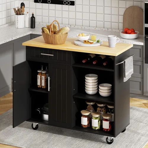 SUNLEI Carrito de isla de cocina con ruedas con armario de almacenamiento y cajón, armario de cocina multifunción de 42 pulgadas con estantes, asa
