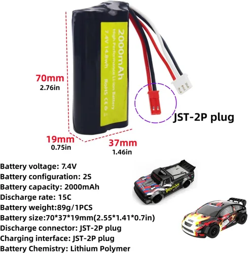 Miniatura 2 de 2 unids 7.4 V 2000 mAh 15C 2S JST-2P enchufe Lipo batería con cargador 2 en 1 para UDIRC UD1601 UD1602 UD1604 UD1607 SG1603 SG1604 RC alta velocidad