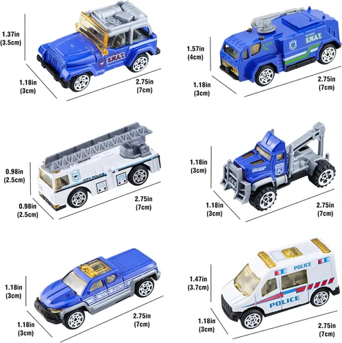 Miniatura 2 de BenRich Juego de 6 mini coches de aleación de metal fundido a presión a escala 1/64, escalera, torre de agua, ambulancia, coche de patrulla