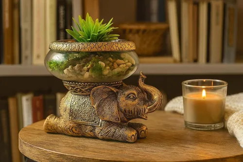 Miniatura 9 de Tazón de cristal de elefante de buena suerte, figura decorativa envejecida dorada con cuenco de vidrio extraíble, terrario, portavelas o acuario