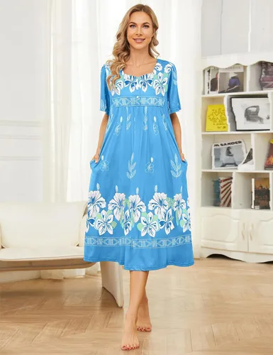 Miniatura 4 de Bloggerlove Camisón hawaiano para mujer, vestido de casa hawaiano Muumuu con estampado de tumbona, vestido de patio con bolsillos Moomoo