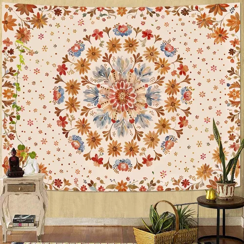 Miniatura 46 de Fowocu Tapiz bohemio con mandala floral para colgar en la pared, medallón de flores bohemias, tapiz estético, beige, naranja, hippie, indio, pequeño