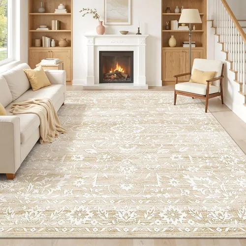 Miniatura 48 de Soalmost Alfombras de área de 5 x 7 pies para sala de estar, alfombras lavables florales beige para comedor, dormitorio, oficina en casa, alfombra