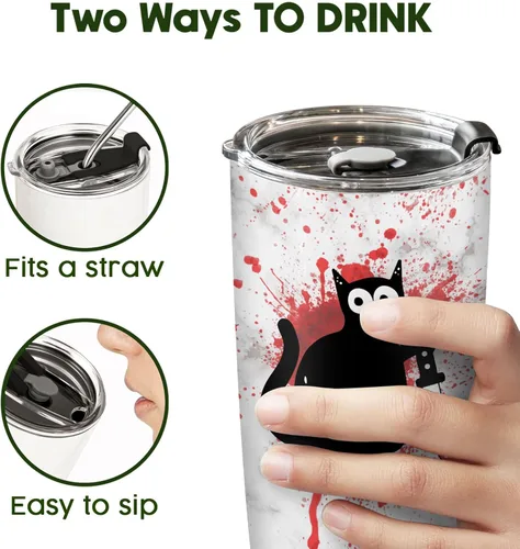 Miniatura 9 de Taza de terror con gato y tapa, taza de película de terror de 20 onzas de acero inoxidable, taza de café única con gatos, regalos de Navidad, Vaso