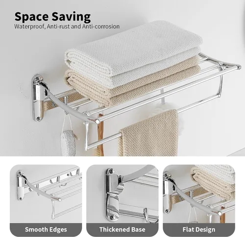 Miniatura 2 de BESy Barras de Toallas de 24 Pulgadas de Cromo Pulido, Estante de Toallas de Baño con Barra de Toallas Plegable y Ganchos para Toallas, Accesorios