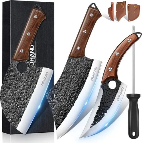 MDHAND Juego de cuchillos de carnicero, 8 cuchillos de chef forjados a mano con caja de regalo, cuchillo de corte de carne para cocina, cuchillos
