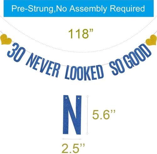 Miniatura 2 de Cartel de 30 «Never Looked So Good», pre-encordado, no requiere montaje, decoraciones de fiesta de papel azul con purpurina para suministros