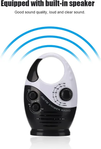 Miniatura 5 de Radio de ducha impermeable, radio AM/FM con altavoces de volumen ajustables, altavoces portátiles alimentados por batería con mango de gancho