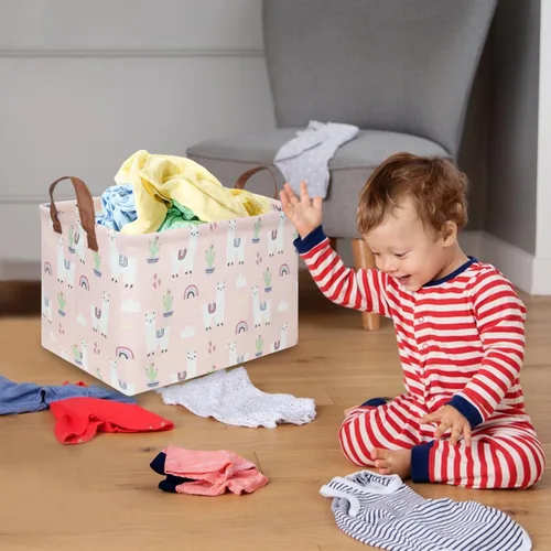 Miniatura 4 de FXOLCSHE - Canasta rectangular rosa de alpaca, canasta de lavandería impermeable plegable para guardería, canasta de juguetes para habitación
