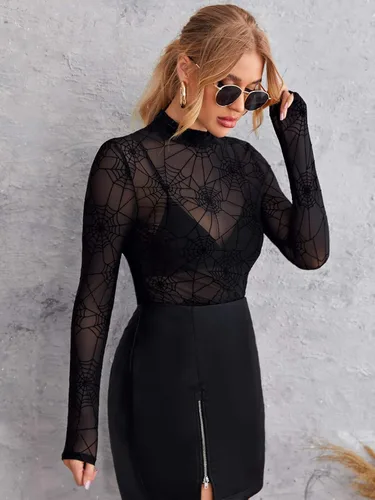 Miniatura 3 de Floerns - Blusas de malla transparente con estrellas, de manga larga, con cuello alto, para mujer