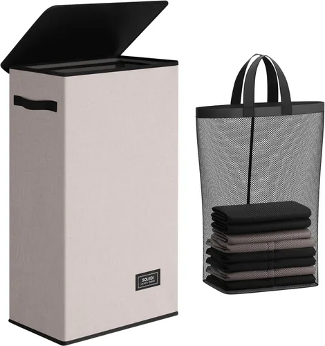 Miniatura 14 de SOLEDI - Canasta de lavandería con tapa de 100L, canasta de ropa plegable grande y alta, cesta de lavandería con bolsa removible fácil