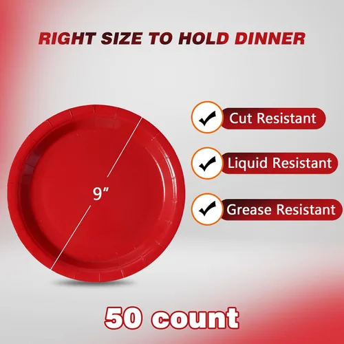 Miniatura 2 de Platos de Papel Desechables Rojos, 50 Unidades Platos de Cena de 9" al Por Mayor para Suministros de Fiesta, Platos de Fiesta Coloridos