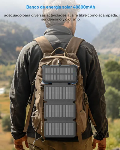 Miniatura 8 de Cargador Solar Power Bank 49800mAh con 4 cables integrados y 3 paneles plegables, cargador de teléfono portátil rápido PD22.5W, paquete de batería