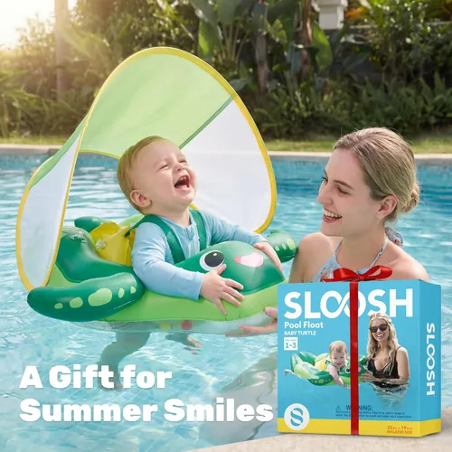 Miniatura 6 de Sloosh Flotadores de natación para bebés con toldo extraíble, flotador inflable para piscina para bebé, diseño de tortuga marina, anillo de natación