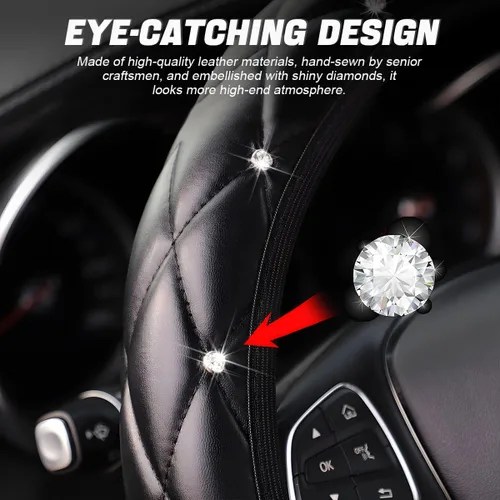 Miniatura 3 de Funda de volante de piel suave con diamantes de imitación de cristal, accesorios universales para SUV, camión, camioneta, automóvil (negro)