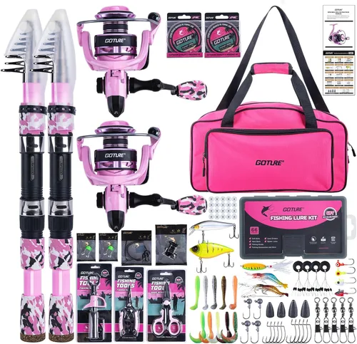 Miniatura 10 de Goture Combo de caña de pescar y carrete rosa - Carrete giratorio ML Action con bolsa rosa - Kit de caña telescópica para principiantes, viajes
