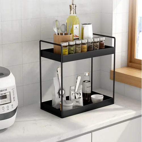 Miniatura 4 de Estantería de 2 niveles para baño, encimera de almacenamiento, organizador de cosméticos, soporte para especias de cocina, color negro.