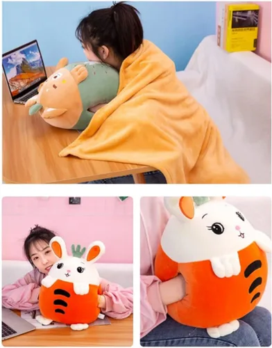 Miniatura 4 de YUDONG Juego de manta y almohada de viaje para niños, adorable almohada multifuncional 3 en 1 de felpa de frutas con diseño calentador de manos