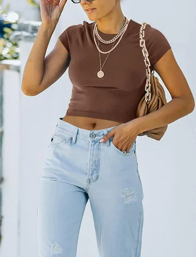 Miniatura 3 de REORIA Lindas camisetas ajustadas de manga corta con cuello alto y doble forro para mujer