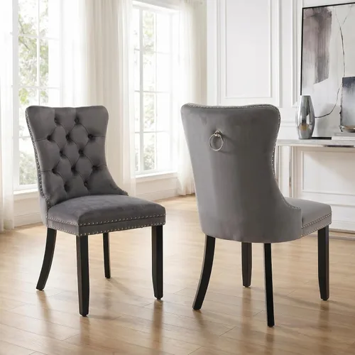 Miniatura 43 de Velvet Dining Chairs Set of 2, Tufted High Chairs with Nailhead Trim, Pull Ring, Black Solid Wood Legs, Elegant Upholstered Accent Chairs for Dining