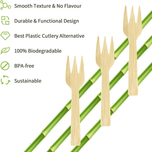 Miniatura 3 de Utensilios de bambú 200PK Mini tenedores de bambú 3.54 pulgadas desechables pequeños 100% biodegradables compostables cubiertos cubiertos