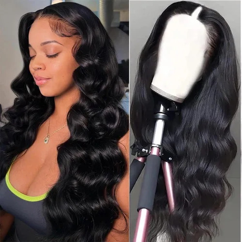 Miniatura 11 de Pelucas con camino en V ondulada de cabello humano virgen brasileño para mujeres negras; mejora de pelucas con camino en U, sin pegamento, con clip