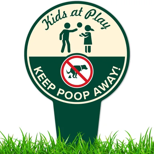 Cartel de "Kids at Play, Keep Poop Away", 7 x 13, estacas integradas de alta resistencia, uso en interiores y exteriores, compuesto de aluminio