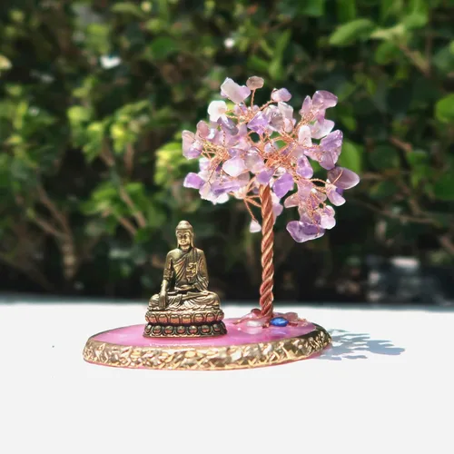 Miniatura 5 de Estatua de Buda con Árbol de Cristal Sanador, Árbol de la Vida para Energía Positiva. Decoración del Hogar para Yoga y Meditación. Amatista.(A)