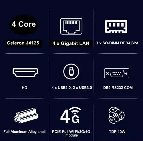 Miniatura 3 de Router PC, Celeron J4125, 4 x Intel Giga LAN, 2 USB3.0, 4 USB2.0, COM/RS232, HDMI, sin ventilador, mini dispositivo de cortafuegos, PC