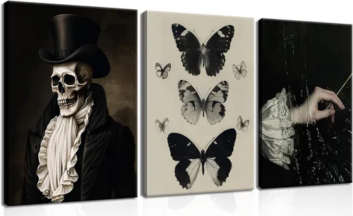 Miniatura 12 de Juego de 3 lienzos góticos para pared, diseño de rosas románticas de Halloween, decoración de pared, pósteres de calavera de cuervo gótico oscuro