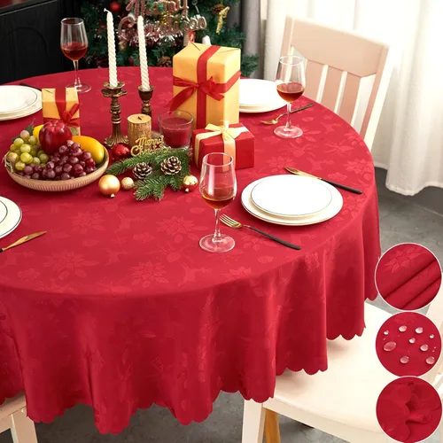 Miniatura 16 de Mantel redondo de tela de 60 pulgadas, mantel con diseño de hojas, borde festoneado, mantel sedoso, impermeable, resistente a las arrugas, lavable