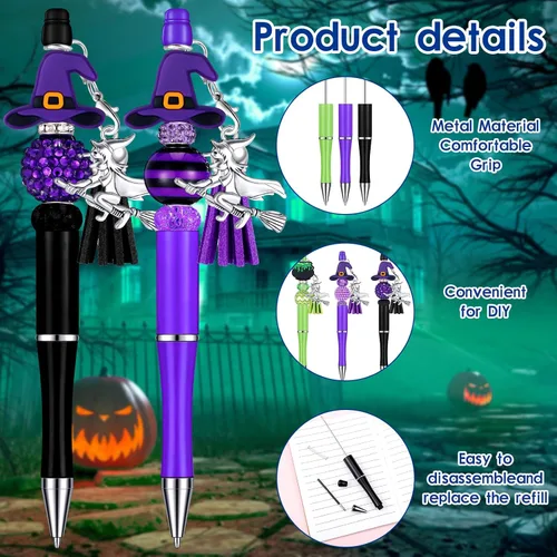 Miniatura 3 de Jutom Kit de 12 bolígrafos de cuentas de Halloween con cuentas de silicona focales, bolígrafos de bruja, caldero, púrpura, verde, para manualidades