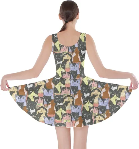 Miniatura 2 de CowCow Vestido corto de patinadora casual para mujer vestido de verano encantador con patrón de gatos vestido de patinadora talla XS - 5XL Negro