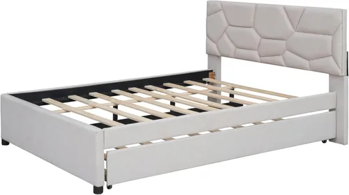 Miniatura 9 de Harper & Bright Designs Cama de plataforma tapizada de tamaño matrimonial con nido y cabecero, marco de cama tapizado de lino, no necesita somier