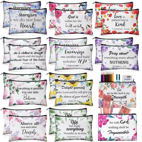 Miniatura 10 de Qeeenar - Bolsa de maquillaje religioso cristiano, bolsas de cosméticos, bolsa inspiradora de versículo bíblico para artículos de tocador, bolsa