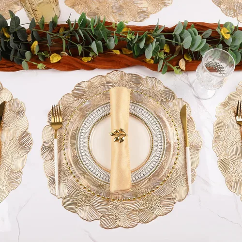Miniatura 4 de Juego de 4 manteles individuales redondos dorados para mesa de comedor, manteles individuales metálicos de vinilo prensado para decoración de bodas