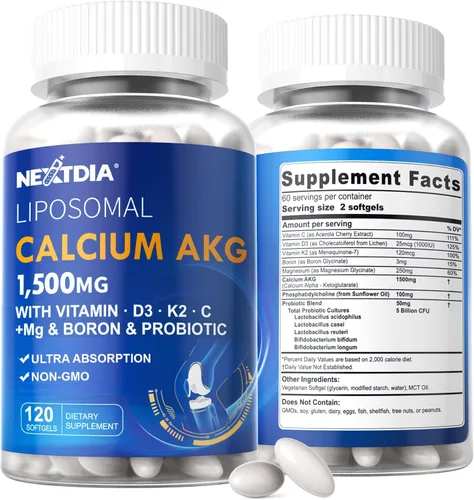 Miniatura 9 de Suplemento AKG de calcio liposomal de 1500 mg con cápsulas blandas de vitamina D3 y K2 para mujeres y hombres│ Alta absorción│Suplementos de calcio