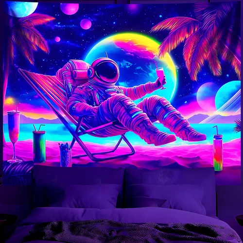 Miniatura 10 de BVBOX Tapiz de astronauta espacial con luz negra, reactivo a los rayos UV, galaxia, planeta que brilla en la oscuridad, póster de luz negra, arte