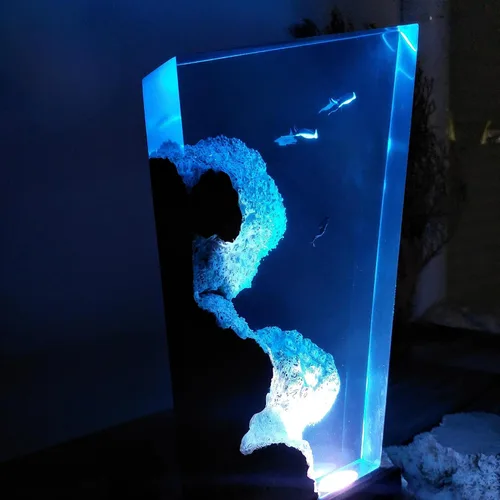 Miniatura 5 de Manta Ray and Diver - Lámpara de madera de resina para buceo, lámpara de mar azul profundo, diorama temático del océano, lámpara de rayas de rayas