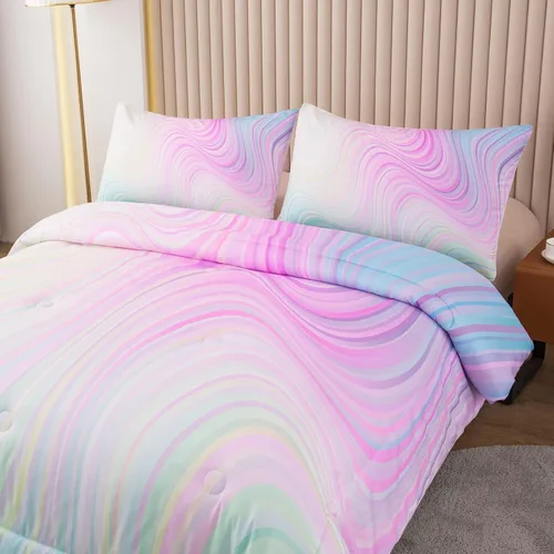Bodhi Juego de edredón de teñido anudado marmoleado – Ropa de cama de mármol colorido para niñas adolescentes – Acuarela pastel rosa, azul y morado