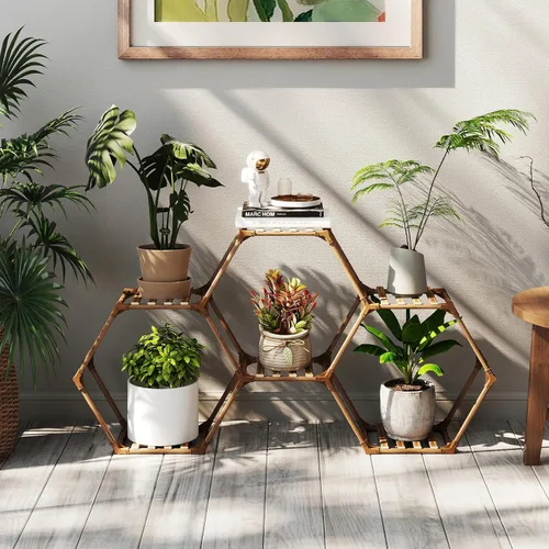Miniatura 13 de Tikea Soporte para plantas para interiores y exteriores, soporte hexagonal para múltiples plantas, estante grande de madera para plantas, 7 niveles