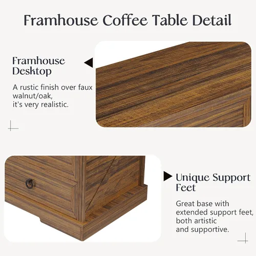 Miniatura 4 de Lareth - Mesa de café con almacenamiento, mesa de centro rústica de madera de 47.2 pulgadas con 4 cajones para sala de estar, mesa de té