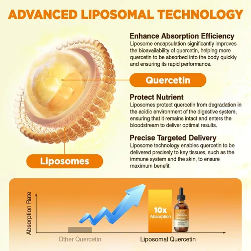 Miniatura 5 de Quercetina liposomal con gotas líquidas de bromelina, 8 en 1 quercetina orgánica 1000 mg suplementos con bromelina 500 mg, vitamina C, D3, zinc