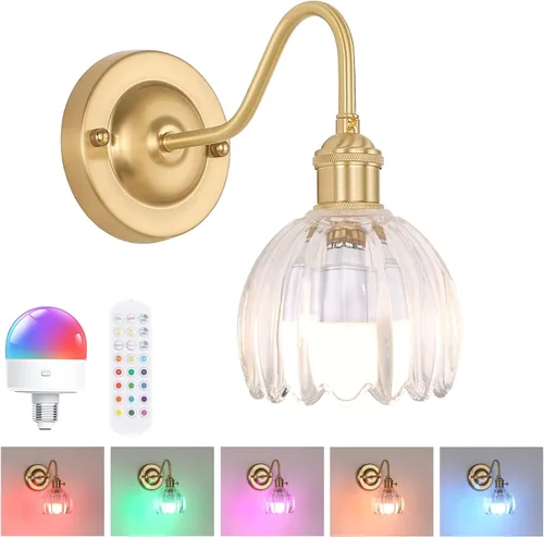 Miniatura 19 de Shenmoyl Aplique de pared vintage a pilas con bonita pantalla de vidrio de tulipán blanco, inalámbrico, recargable, luz de pared funciona