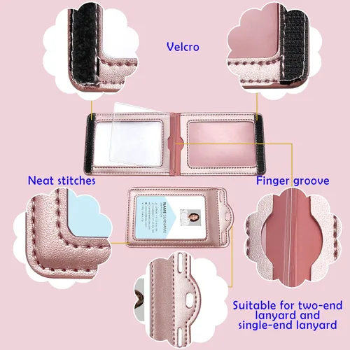 Miniatura 2 de Portatarjetas con 2 cordones de piel, soporte para tarjetas de identificación de tres pliegues resistente, para enfermera, maestra, escuela, uso Oro