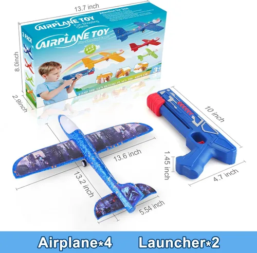 Miniatura 6 de Fuwidvia Paquete de 4 juguetes lanzadores de aviones, juguete de avión de espuma LED con 2 modos de vuelo para niños, juguetes voladores al aire