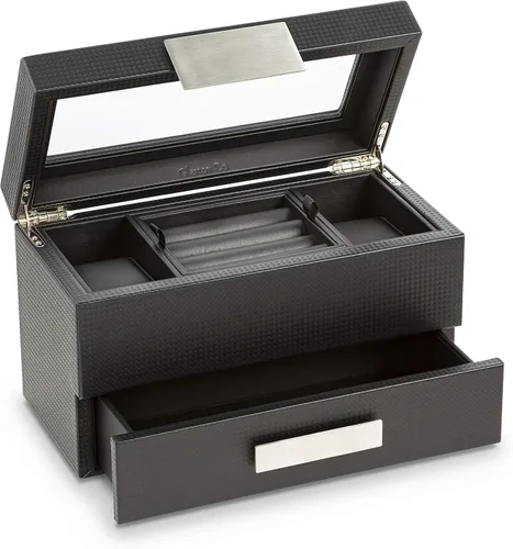 Miniatura 5 de Glenor Co Valet - Caja de reloj de joyería para hombres organizador moderno de textura de fibra de carbono con parte superior de cristal cajón