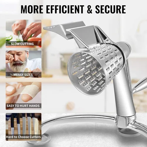 Miniatura 6 de VEVOR Rallador de queso rotativo, mandolina rotativa de zinc para verduras, mandolina manual de queso con 5 conos de corte de acero inoxidable