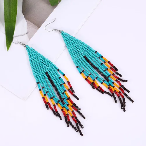 Miniatura 4 de Aretes largos de borla de cuentas, aretes bohemios de cuentas coloridas hechas a mano, regalos y Navidad